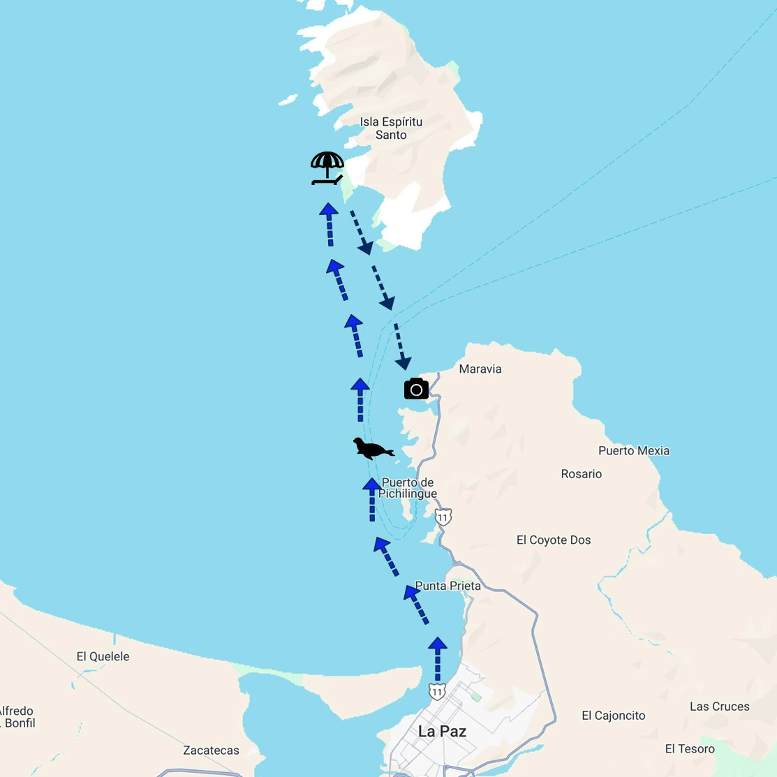 Mapa de trayecto hacia Isla Espiritu Santo